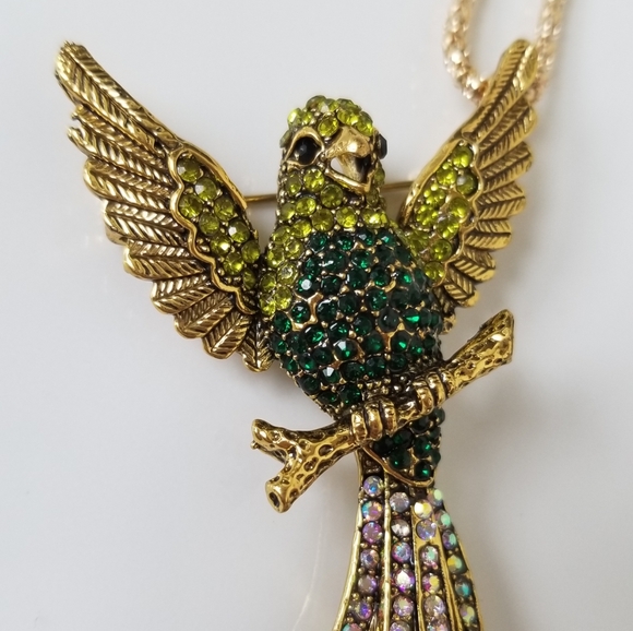 Green Parrot Branch Brooch Pendant Necklace NWT - Picture 9 of 10